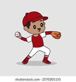 Vector design of cute little kid training and playing baseball.