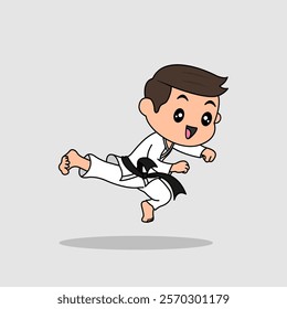 Vector design of cute little kid training and showing karate pose