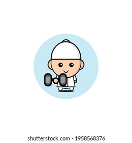 Vector design of cute Muslim boy lifting a barbell