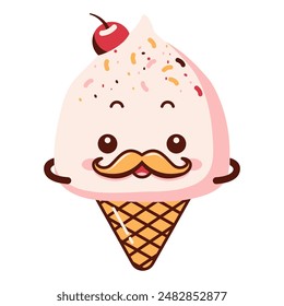 Vector Design of Cute Mustache Cherry Cone Ice Cream Cartoon Character with Happy Expression