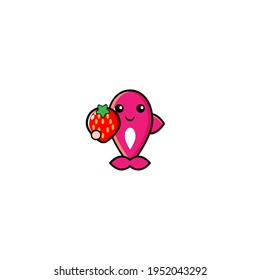 Vector design of cute pink fish eating strawberries