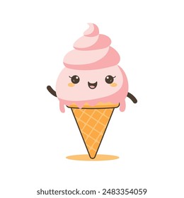 Vector Design of Cute Pink Strawberry Cone Ice Cream Cartoon Character with Happy Expression