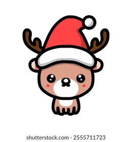 vector design of cute reindeer wearing a santa hat, looks very adorable, cute stickers in the snow season, merry christmas, merry christmas.