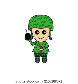Vektordesign eines süßen Soldaten. Soldat, der eine Bombe hält. Kuschelmaskot.