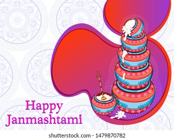 Vector design of Dahi Handi (Pot of Cream) on Happy Janmashtami holiday festival background