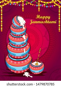 Vector design of Dahi Handi (Pot of Cream) on Happy Janmashtami holiday festival background