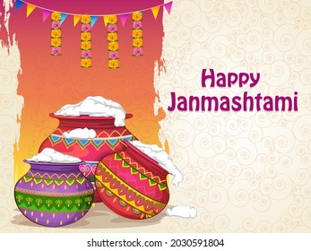 Vector design of Dahi Handi (Pot of Cream) on Happy Janmashtami holiday festival background