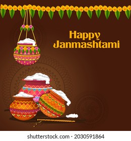 Vector design of Dahi Handi (Pot of Cream) on Happy Janmashtami holiday festival background