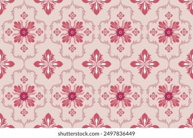 Vector design of Damask fabric, suitable for curtain pattern, wallpaper, background, pattern, decoration, window, curtain, bed sheet, carpet, pillow, tablecloth, floral pattern, red color, seamless.
