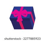 vector design of a dark blue gift box for birthday in 3d shape with ribbon ties around it and on a pink top