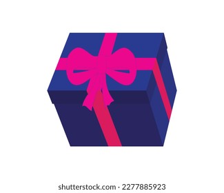 vector design of a dark blue gift box for birthday in 3d shape with ribbon ties around it and on a pink top