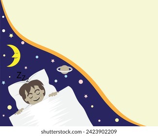 vector design of dark blue and light yellow background frame. On the right there is a child sleeping with a blanket and pillow and there is a crescent moon and stars and other celestial objects