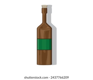 vector design of a dark brown bottle with a top cover made of wood and a green stamped paper in the middle of the bottle