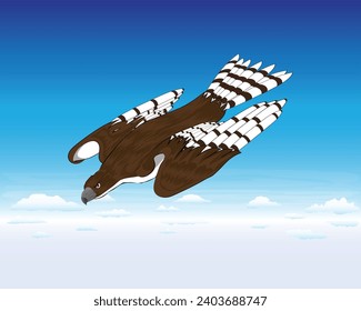 vector design of a dark brown eagle with white and brown striped wings held together in a downward swooping position on a bright blue cloudy sky background
