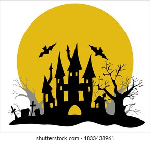 Vector design dark castle on the Moon light background. Halloween party, atmosphere with scary bats and cemetry