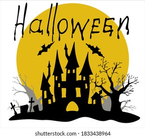 Vector design dark castle on the Moon light background. Halloween party, atmosphere with scary bats and cemetry