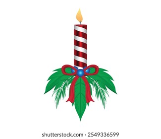 vector design of a dark red Christmas decoration candle with white stripes and leaves, three blue balls and a red ribbon