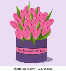 Vector. Design for the day of March 8, international women's day. Realistic 3d bouquet of pink tulips in a round purple box. Banner, web poster, flyer, stylish brochure, postcard, cover, branding.