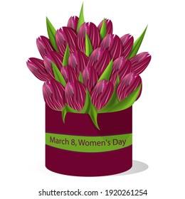 Vector. Design for the day of March 8, international women's day. Realistic 3d bouquet of purple tulips in a round plum box. Banner, web poster, flyer, stylish brochure, postcard, cover, branding.