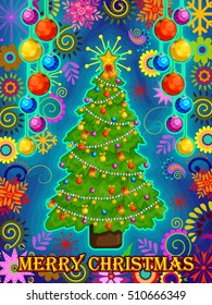 Vector design of Decorated Tree for Merry Christmas Holiday celebration background