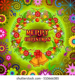 Vector design of Decorated Wreath for Merry Christmas Holiday celebration background