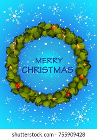 Vector design of Decorated Wreath for Merry Christmas and Happy New Year Holiday celebration background