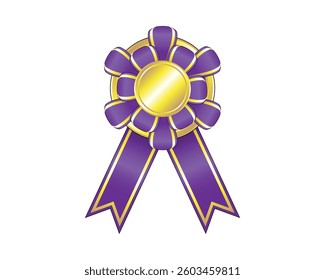 Vector design of a decorative ribbon in the form of a purple circle with golden yellow lines on the sides and a circle made of gold in the middle