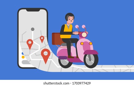 vector design of delivery man riding motorcycle illustration, fully editable