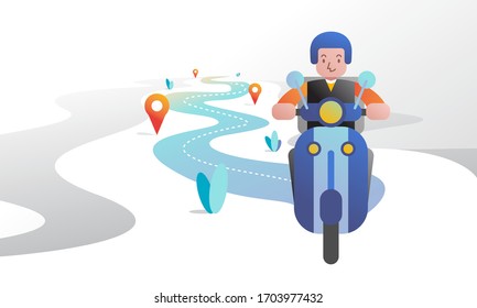 vector design of delivery man riding motorcycle illustration, fully editable