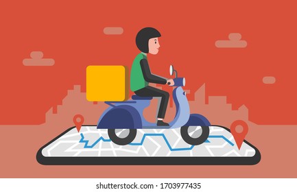 vector design of delivery man riding motorcycle illustration, fully editable