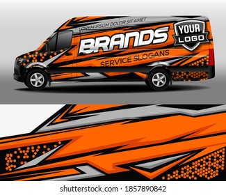 Vector design of delivery van. Car sticker. Car design development for the company. Black with orange background for car vinyl sticker
