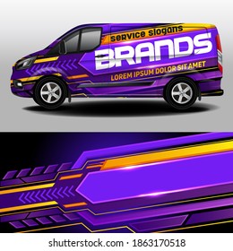 Vector design of delivery van. Car sticker. Car design development for the company. Purple background with yellow stripes for car vinyl sticker
