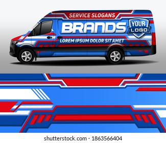 Vector design of delivery van. Car sticker. Car design development for the company. Blue background with red stripes for car vinyl sticker
