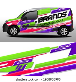 Vector design of delivery van. Car sticker. Car design development for the company. PURPLE, GREEN, PINK STRIPES ON WHITE BACKGROUND for car vinyl sticker
