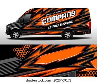 Vector design of delivery van. Car sticker. Car design development for the company. Black with orange background for car vinyl sticker
