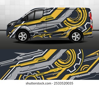 Diseño de Vector de furgoneta de reparto. Etiqueta engomada del coche. Rayas abstractas gráficas amarillas y grises para la marca de automóviles. Diseño de camuflaje moderno para envolturas de vinilo para vehículos.