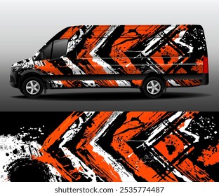 Projeto vetorial da van de entrega. Adesivo do carro. Desenvolvimento de design de carro para a empresa. Fundo preto abstrato gráfico com listras laranja e brancas em estilo grunge para a marca do carro.