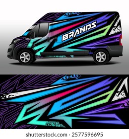 Vector design of delivery van. Car sticker. Car design development for the company. Graphic abstract stripe racing background kit designs for wrap vehicle, race car, rally, adventure and livery.