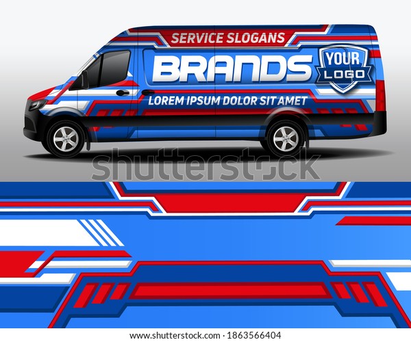 Vector design of delivery van. Car sticker. Car\
design development for the company. Blue background with red\
stripes for car vinyl\
sticker\
