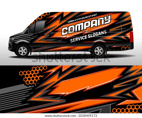 Vector design of delivery van. Car sticker. Car\
design development for the company. Black with orange background\
for car vinyl sticker\
