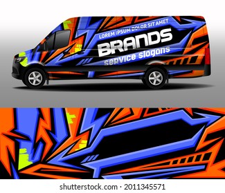 Vector design of a delivery van. Development of a car design for the company. Car branding. Sticker with the car brand in orange and purple colors
