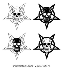 vector design of demon skull and pentagram entwined with circle, skull with witchcraft pentagram