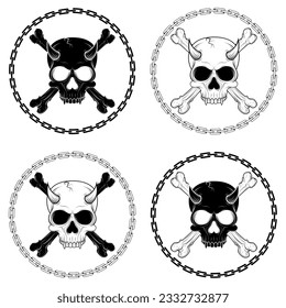 Vector design of demonic skull with bones surrounded by chains