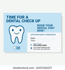 Vector design of a dental checkup appointment reminder card featuring a smiling tooth icon and editable fields. Suitable for dentists, orthodontists, and oral health professionals.