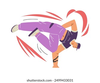 The vector design depicts a man breakingdancing in a one-arm handstand. Dynamic swirling elements highlight his freestyle dance moves. Flat design on isolated background.