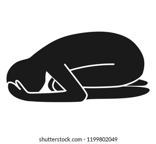 Vector design of depressed person, man or teen with various life problems, health or mental issues. Hunched black silhouette lying on the floor against white background. Grief, stress, crisis concept.