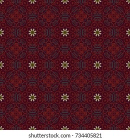 Vector design. For desktop, Wallpaper for, trance, meditation, serene paints combinations. A variety of shapes and floral elements. Seamless pattern abstract mandalas in red, brown and green colors.