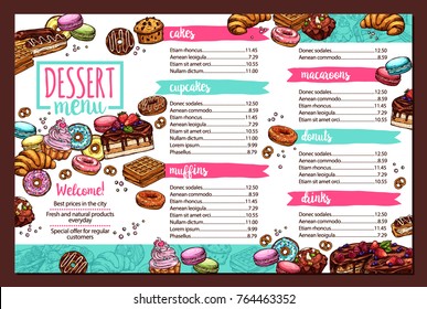 Diseño vectorial del menú de postres con tarta a mano, bizcocho, donuts, macarons, muffins, gofre, croissant en forma de boceto. Diseño moderno en la cafetería