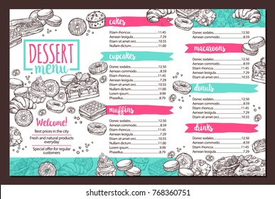 Vector design of dessert menu with hand drawn monochrome cake, cupcake, donuts, macaroons, muffins, waffle, croissant in sketch style. Trendy design on for café