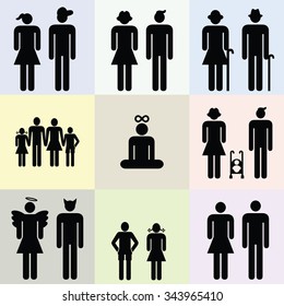 Vector design for different couples / children / seniors / male and female / devil and angel / meditating yoga posture / vector icons set